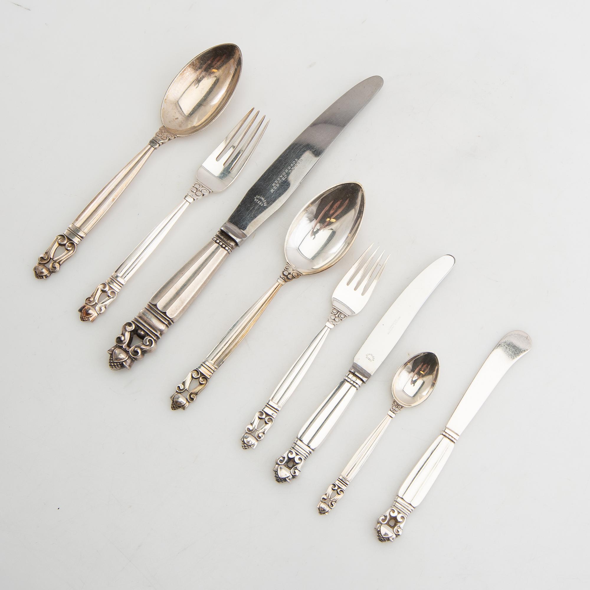 Johan Rohde, bestick 59 dlr "Konge/Achorn" sterlingsilver för Georg Jensen efter 1945.