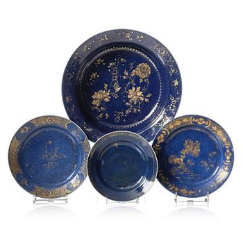 1010A. A powder blue basin and three plates, Qing dynasty, Qianlong (1736-95).