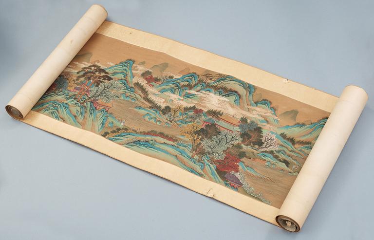 A fine hand scroll landscape painting, copy after Wen Zhengming (1470-1559), late Qing dynasty (1644-1912).