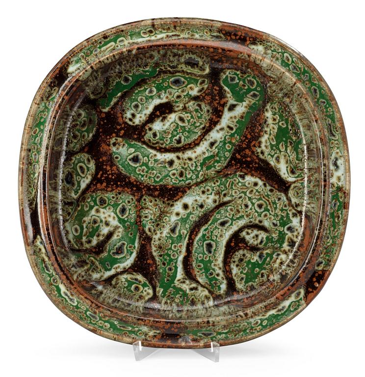 An Erik Pløen green and brown glazed stoneware dish, Norway.