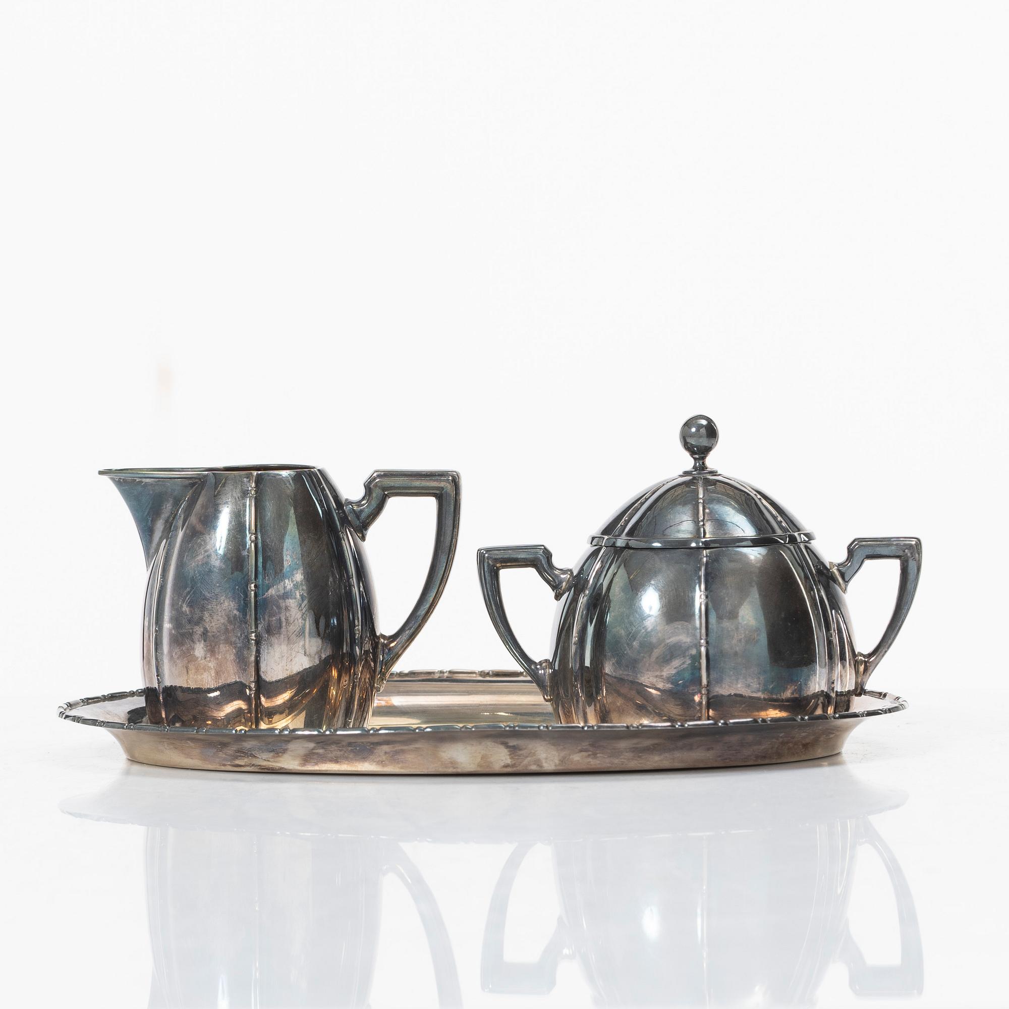 Sugar bowl, creamer and tray, silver, mid-20th century.