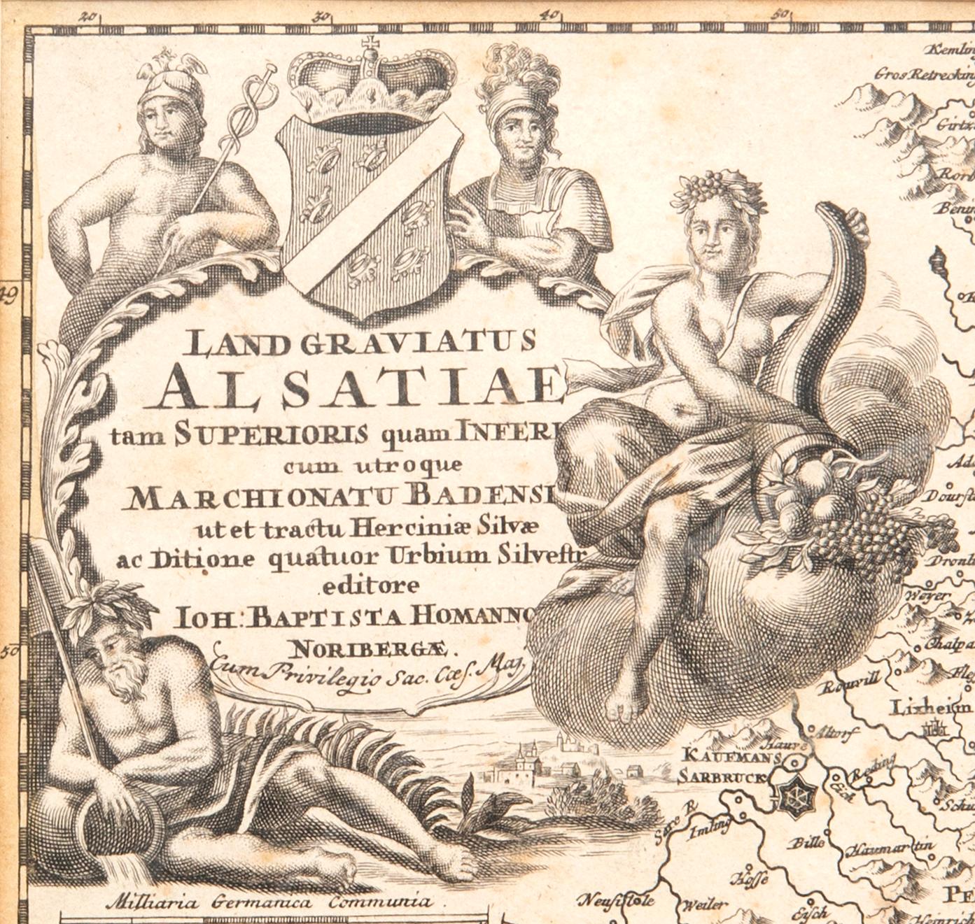 Johann Batista Homann, map of Alsace & Baden, hand colored copper engraving, Nürnberg 1716.