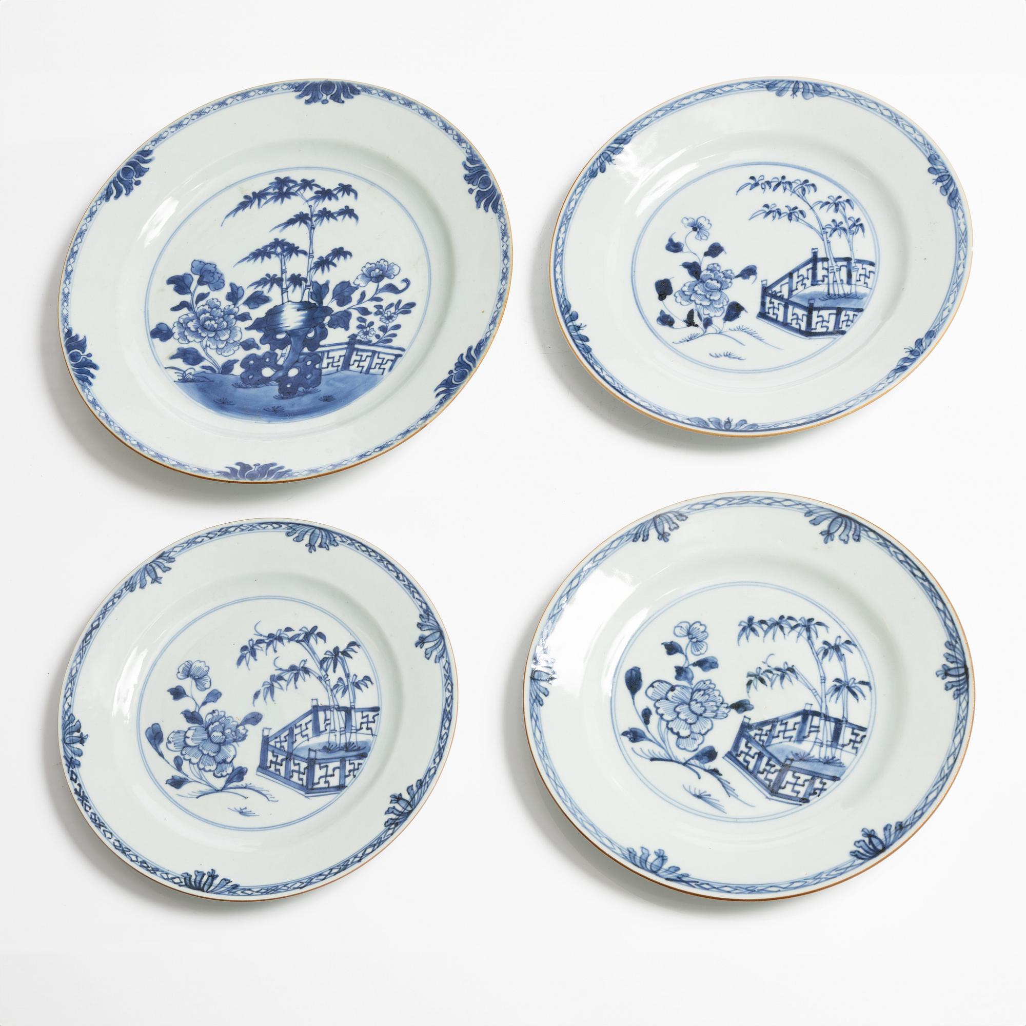 A set of one Chinese blue and white export porcelain dish and three plates, Qing dynasty, Qianlong (1736-95).