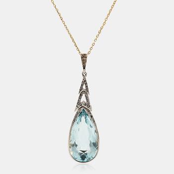 819. A 14K gold and platinum pendant set with an aquamarine and rose-cut diamonds.