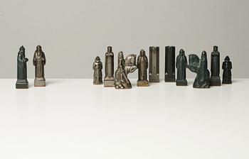 A set of 32 Tore Strindberg chess pieces, executed by Herman Bergman foundry, Stockholm.