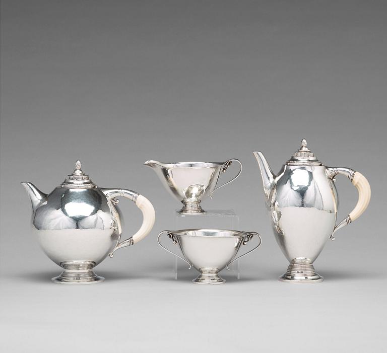 Johan Rohde, kaffe- och teservis 4 delar, Georg Jensen, Köpenhamn 1919, 830/1000 silver, svenska importstämplar GAB F.