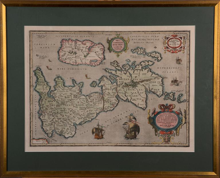 KARTA, handmålat kopparstick, Englanti Abraham Ortelius, 1595.
