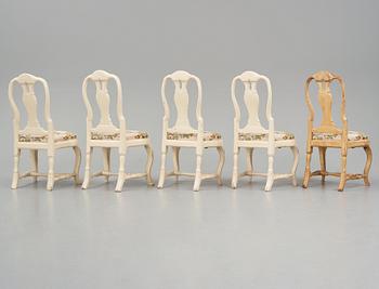 A set of five (3+2) rococo chairs attributed to J. E. Höglander (master in Stockholm 1777-1813).