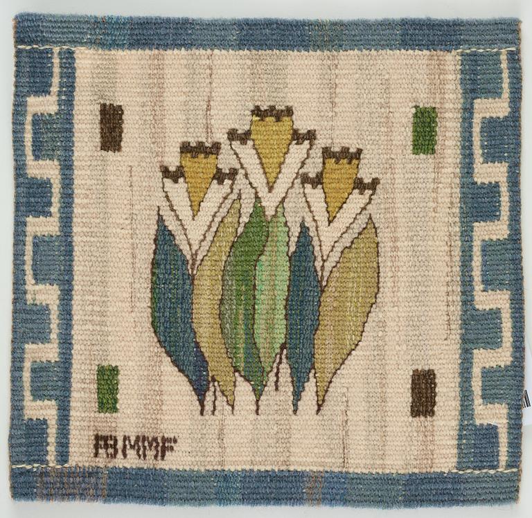 Märta Måås-Fjetterström, textiles, 2 pcs., "Blomlapp", tapestry weave, "Pingstlilja" ca 28,5 x 29,5 cm, "Pensé" ca 25,5 x 26 cm, signed AB MMF.