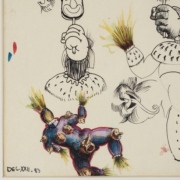 Ulf Rahmberg, mixed media on paper, dated dec XXII -83. On verso signed with monogram.