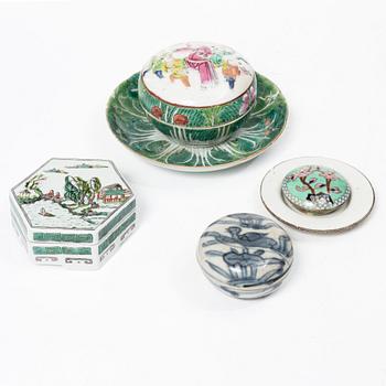 Four Chinese boxes with covers and a dish, porcelain and cloisonné, Ming and late Qing also 20th century.