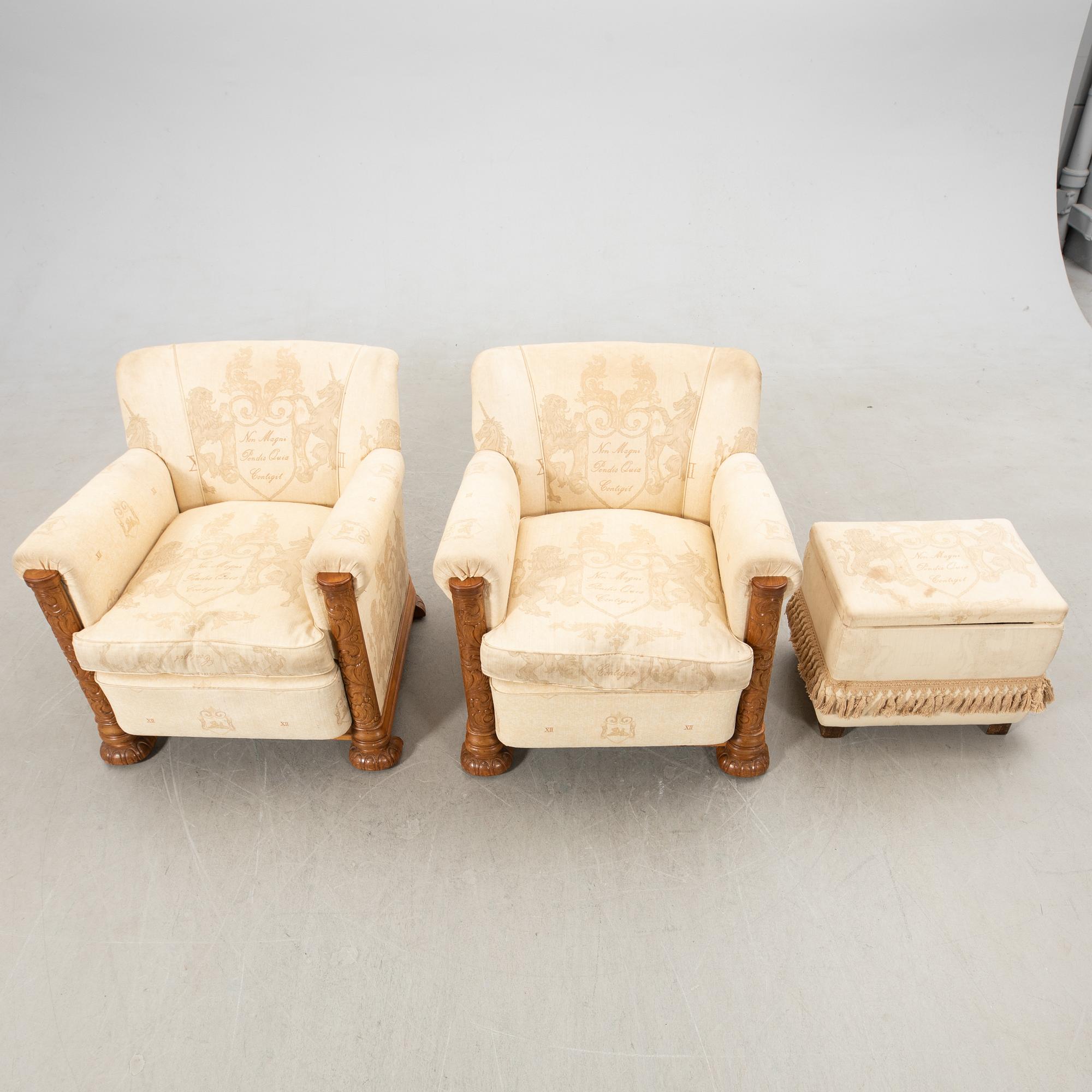 Armchairs, a pair, and footstool, Baroque style, 1940s.