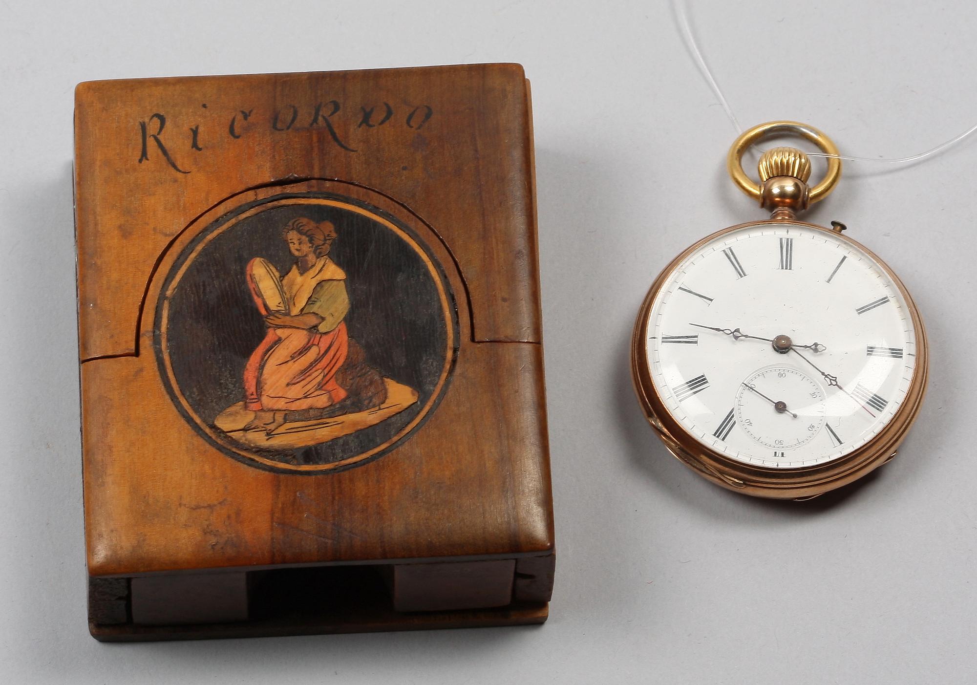 FICKUR MED BORDSSTÄLL, gulddoublé resp trä, sent 1800-tal.