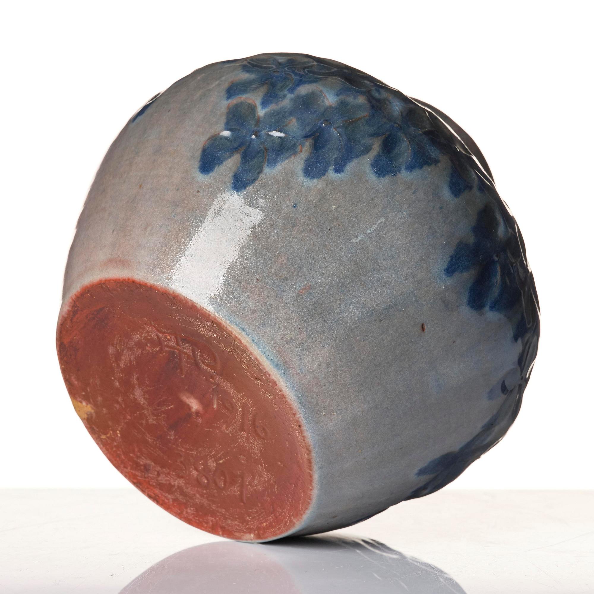 Hilma Persson-Hjelm, a glazed earthenware art nouveau vase, executed in her own studio, Arvika 1916. No 3807.