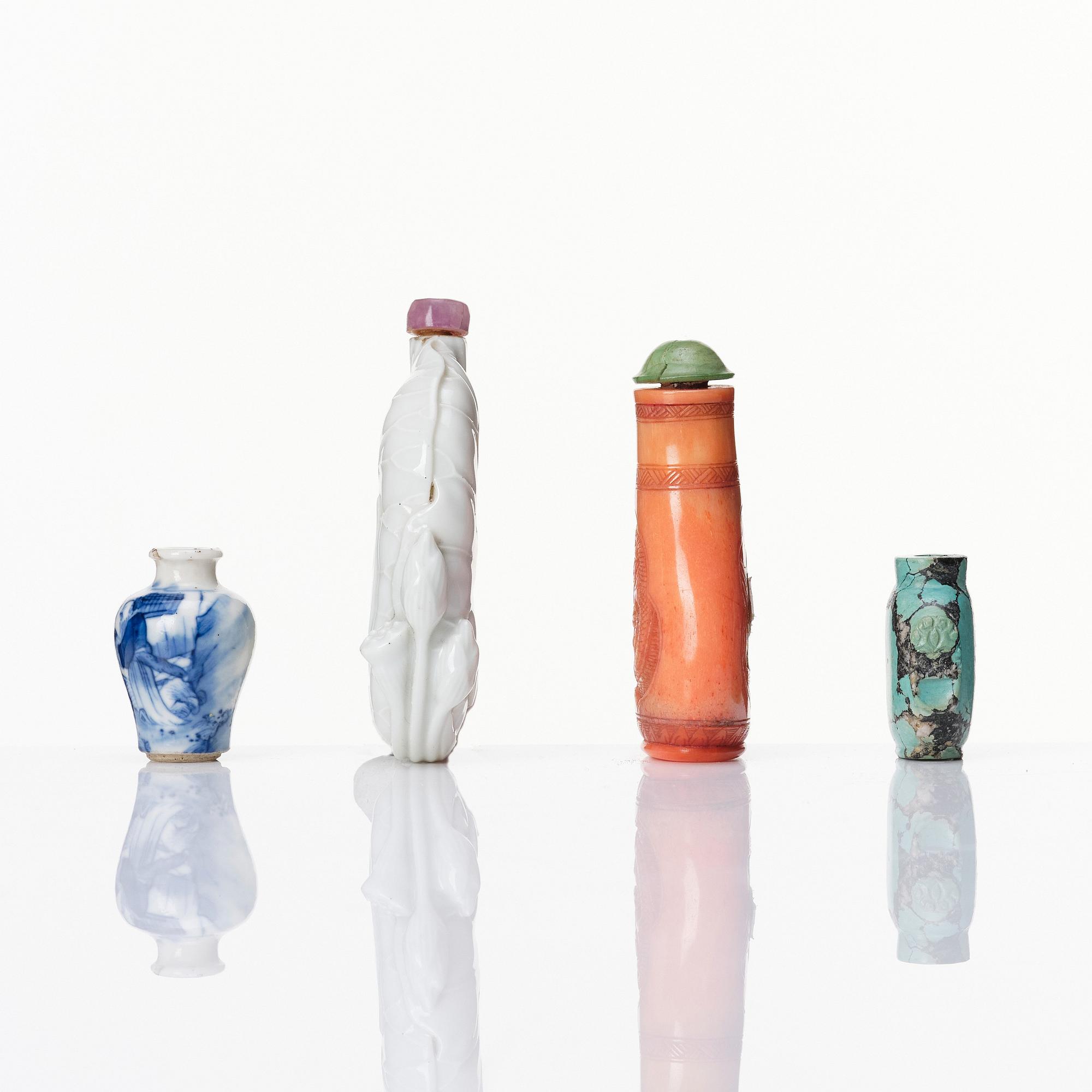 A set of three Chinese snuff bottles and a Chinese miniature vase.