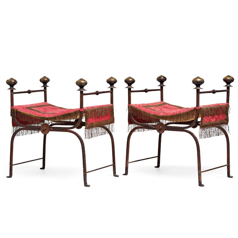 Scandinavian designer, possibly, a pair of iron and brass folding stools, 1920-30's.