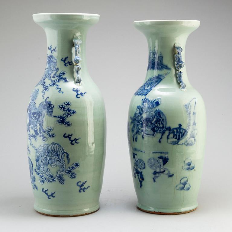 Two large blue and white celadon ground vases, Qing dynasty, late 19th/early 20th century.