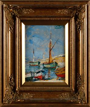 OKÄND KONSTNÄR, olja på masonitpannå, otydligt signerad.