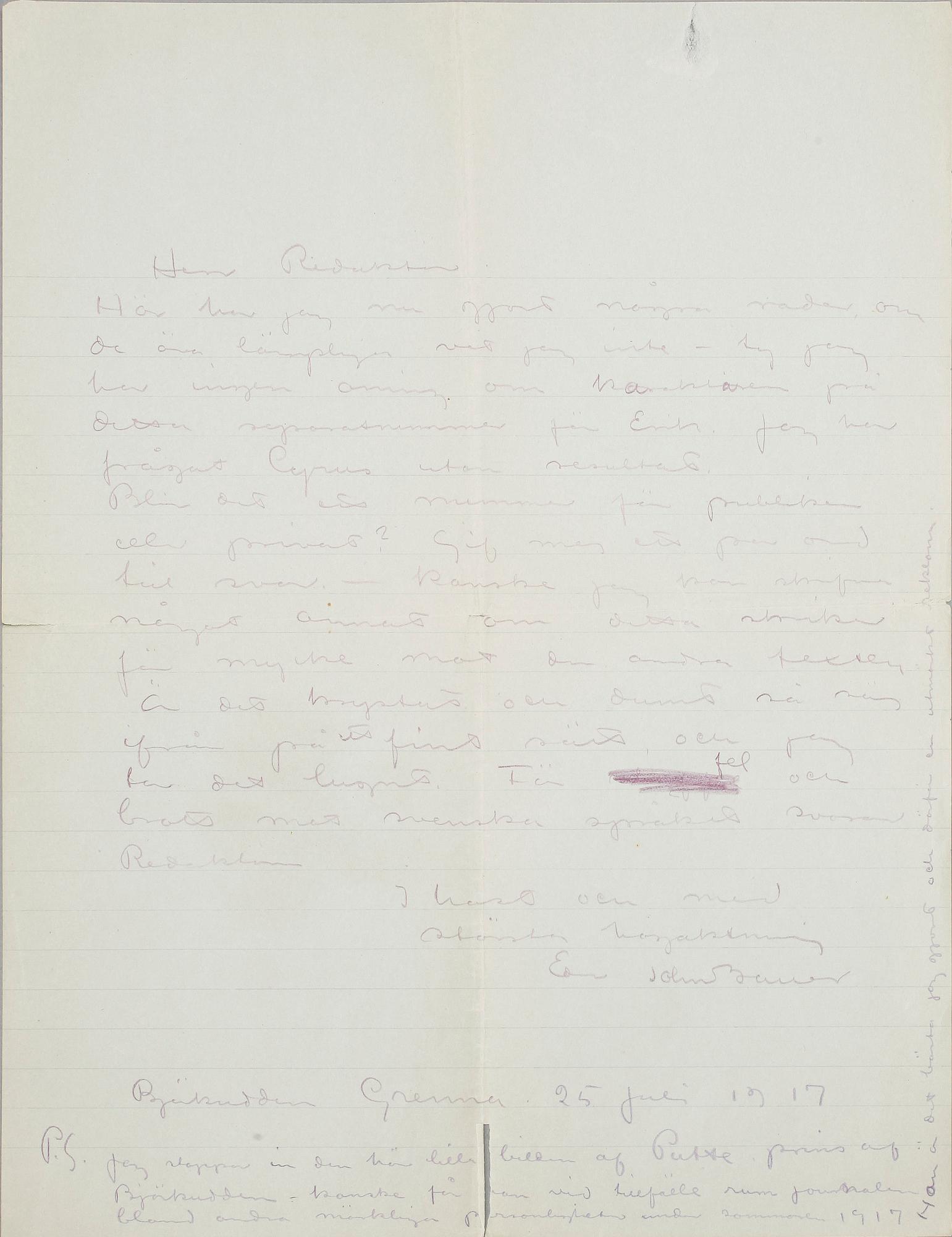 JOHN BAUER (1882-1918), egenhändigt brev med namnteckning, dat Björkudden Gränna 25 juli 1917.