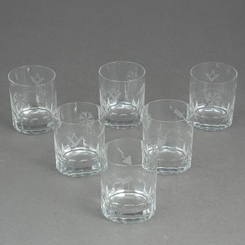 WHISKYGLAS, 6 st, med frimurarsymboler, 1900-tal.