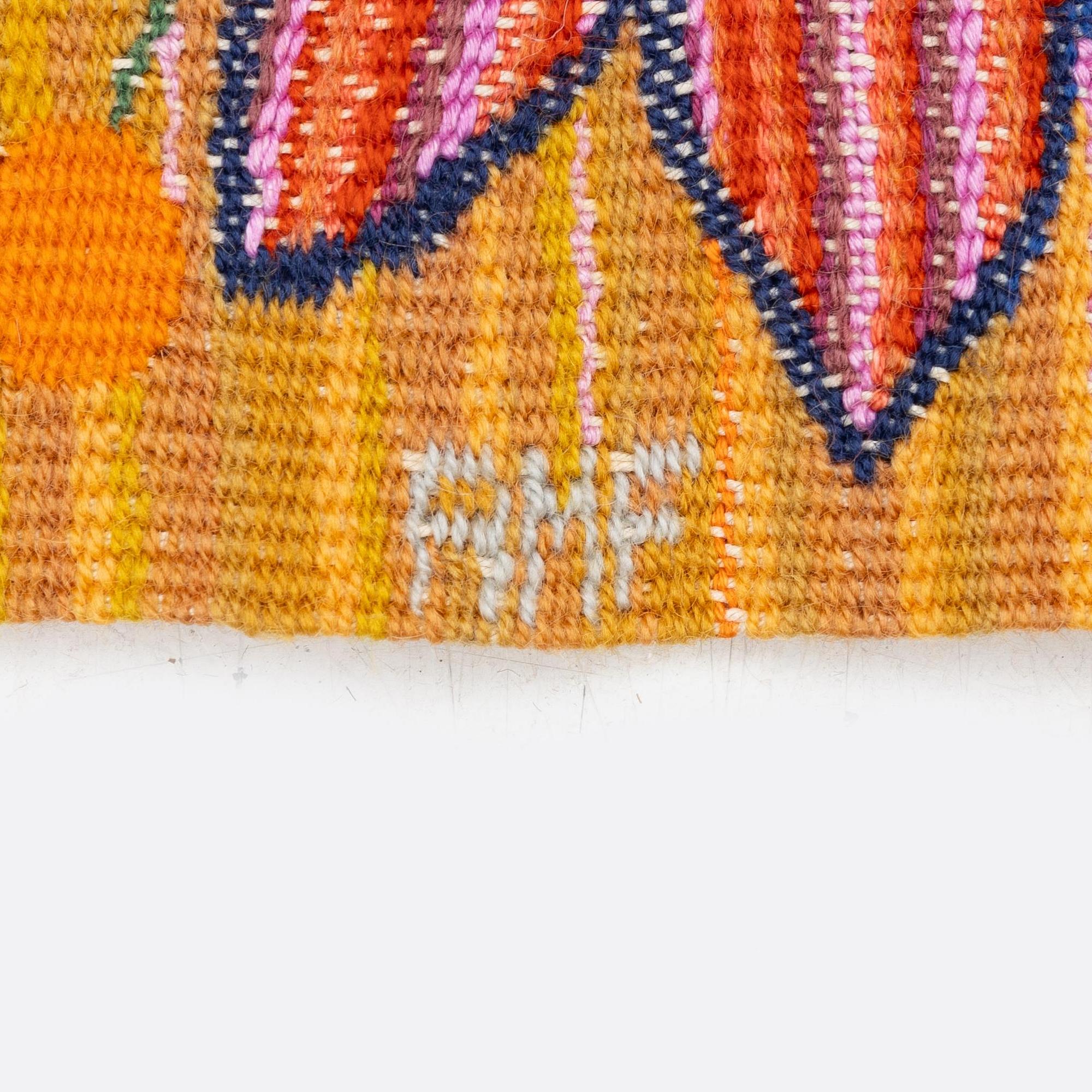 Ann-Mari Forsberg, a textile 'Bilöpare', a tapestry variant, c. 31 x 56 cm, signed AMF.