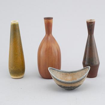 Three vases and one bowl in stoneware, designed by Carl-Harry Stålhane & Gunnar Nylund for Rörstrand.