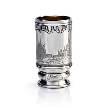 444. A silver niello beaker depicting St Basil and Spasskaya Tower, workmaster Konstantin Linke, C.E. Bolin, Moscow 1895.