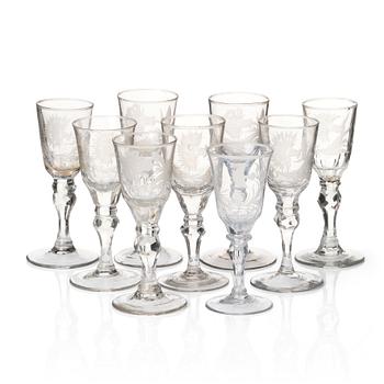 A set with 9 cut and engraved glasses, Potiemkin, Russia, 18th Century.