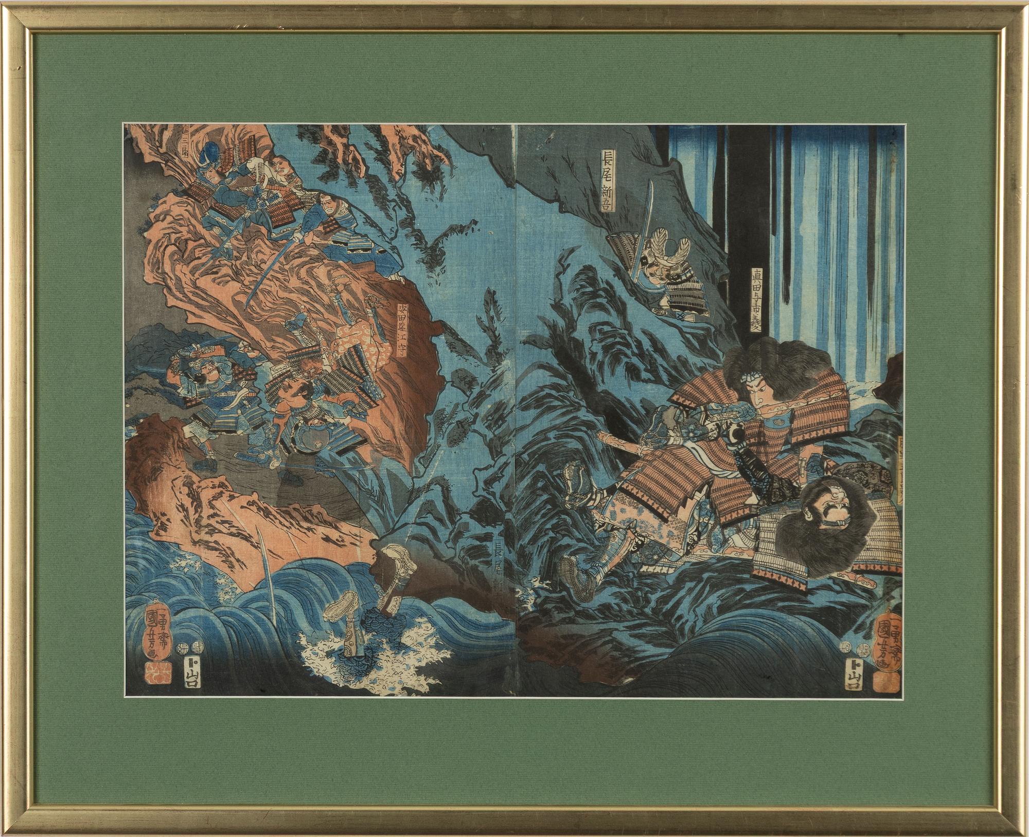 Utagawa Kunisada och Utagawa Kuniyoshi, träsnitt (triptyk resp diptyk).
