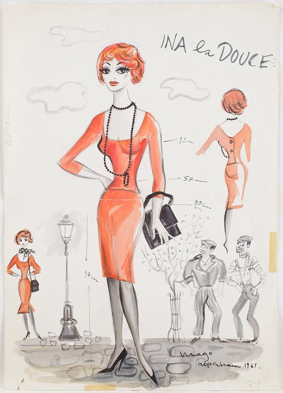 MAX GOLDSTEIN (MAGO), dräktskisser, teckningar, blyertsskisser, ca 34 st, vissa daterade o signerade, 1966.