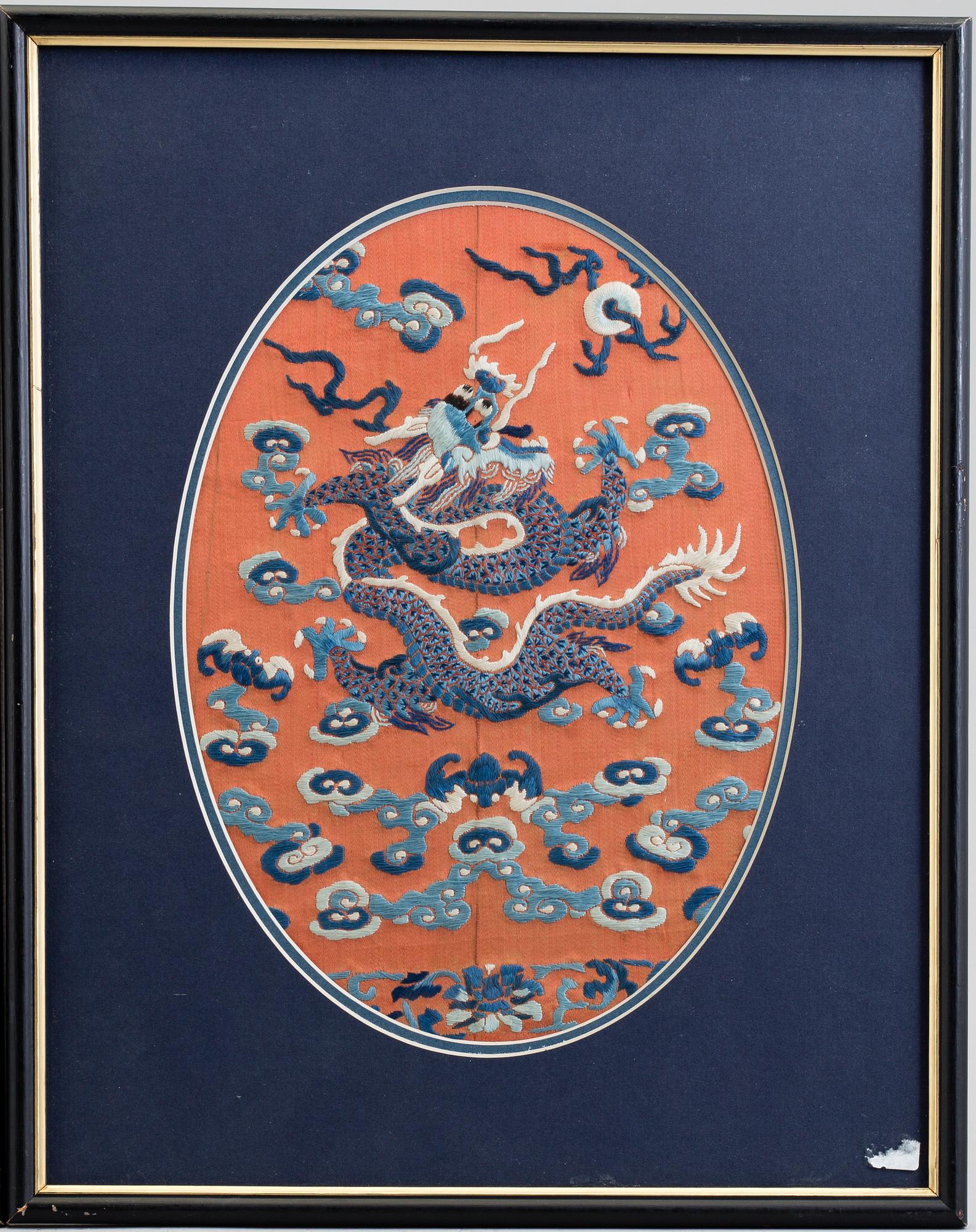 Two silk embroidered pieces, framed, late Qing dynasty.