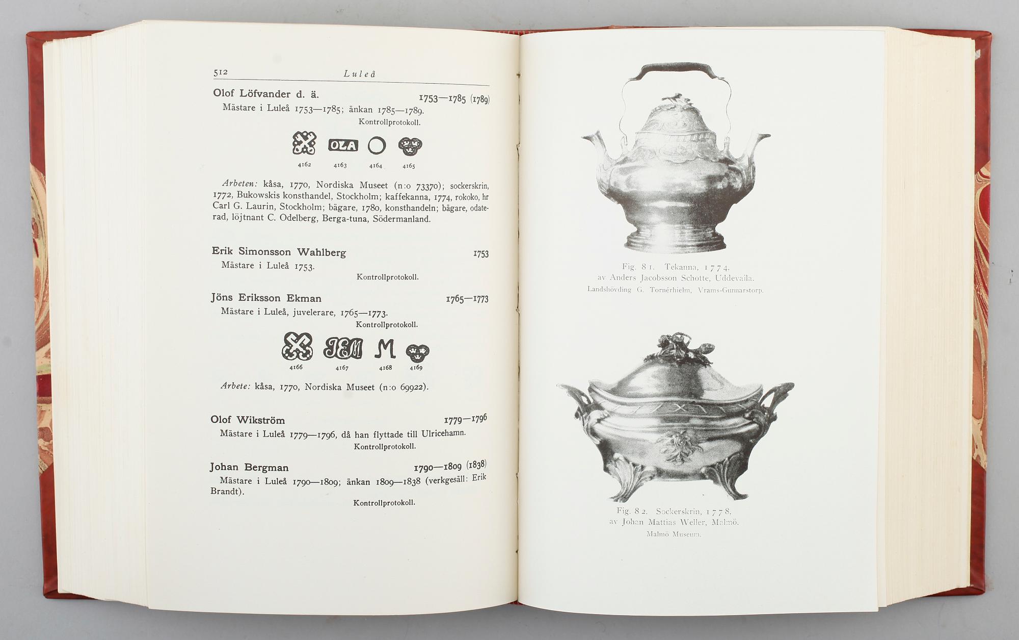 BOK, "Guld- och Silversmeder i Sverige 1520-1850", Gustaf Upmark, Stockholm, Alb. Bonniers Boktryckeri 1943.