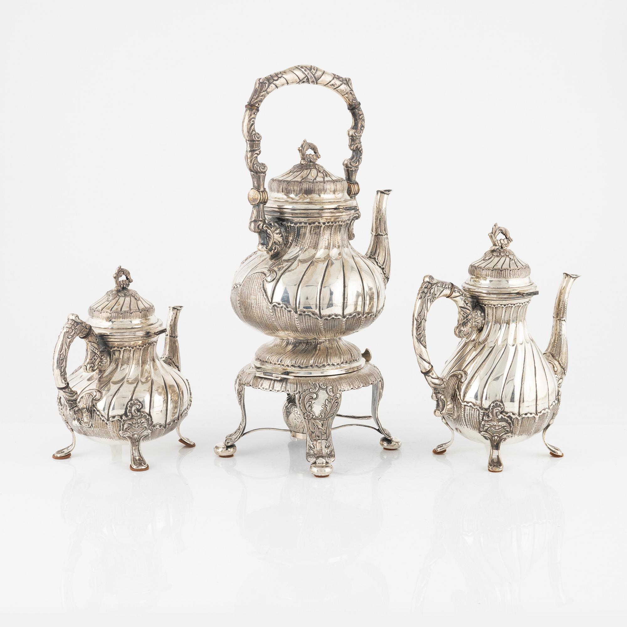 Te- och kaffeservis, 6 delar, silver, Spanien, rokokostil.