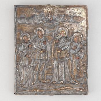 A Russian icon, with silver oklad, maker's mark Andrey Gerasimov, Moscow, 1762,