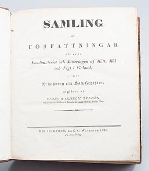 SAMLING AF FÖRFATTNINGAR RÖRANDE LANTMÄTERIET... av Claës Wilhelm Gyldén 1836.