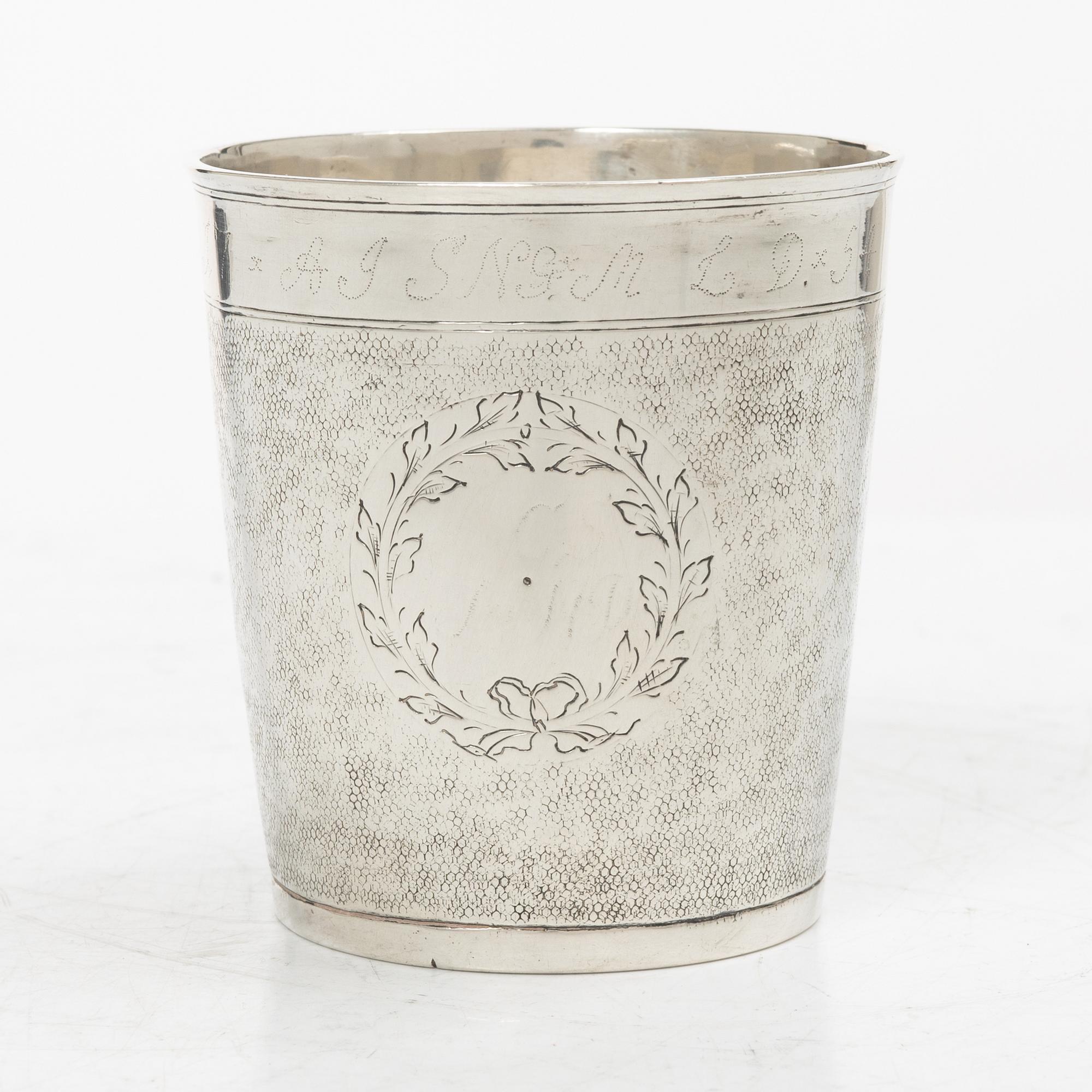Cup, silver, so-called snake skin cup, unidentifiable marks, early 18th century.