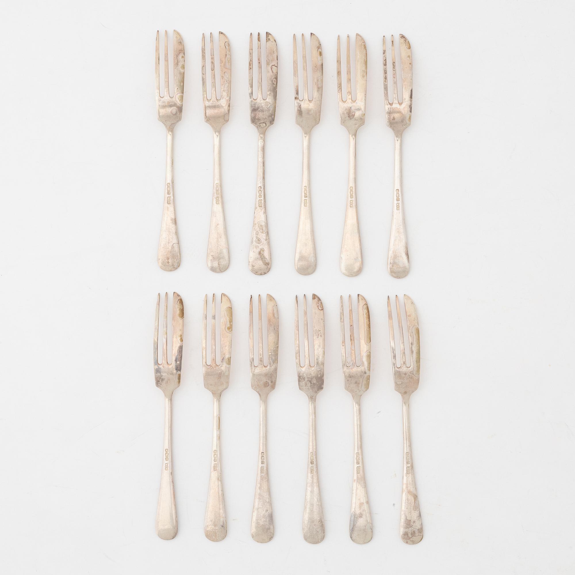 Mappin & Webb Ltd, twelve silver pastry forks,  Sheffield, England 1960.