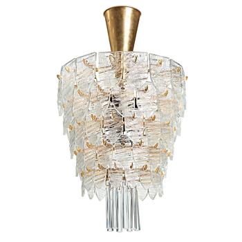 340. Gunnar Cyrén, a glass and gilt bronze chandelier, Orrefors, Sweden 1960's.