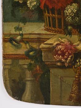 Pieter Casteels III, follower of, Wall panels, a pair, Flower urns with a parrot and a monkey respectively.