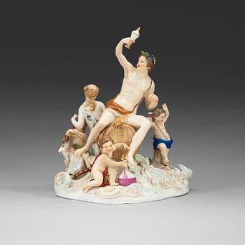 1783. A Meissen group of Bacchus and attendants, late 1800s, blue crossed swords mark, inscribed no 2202, inpress number 143.