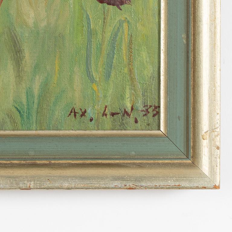 Axel Larsson, Blomsteräng med fjäll i fonden.