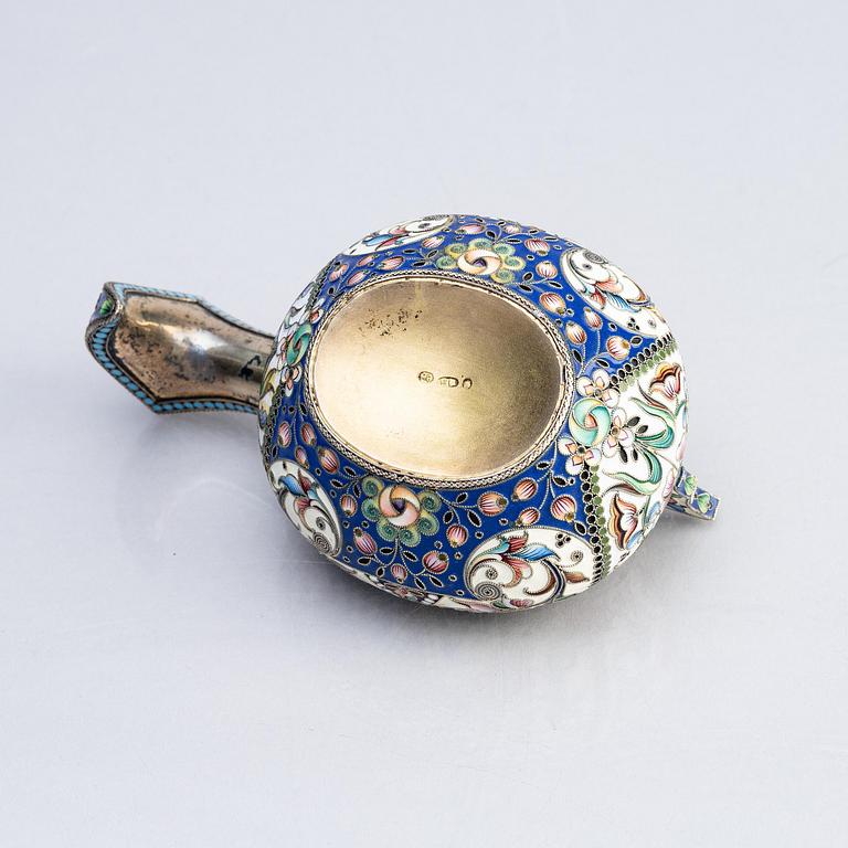 A silver and enamel kovsch, maker's mark Maria Semenova, Moscow 1908 - 1917.