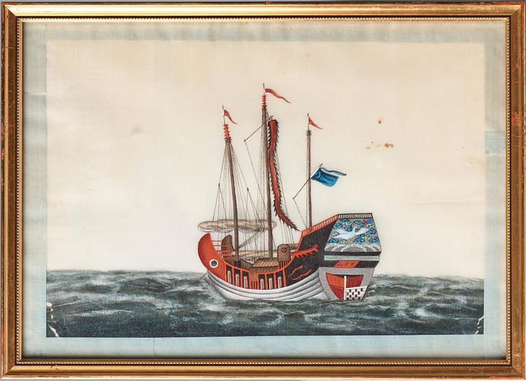 MÅLNINGAR, sex stycken, tusch och akvarell på rispapper. Kina, Qingdynastin, 1800-tal. "Djonker".