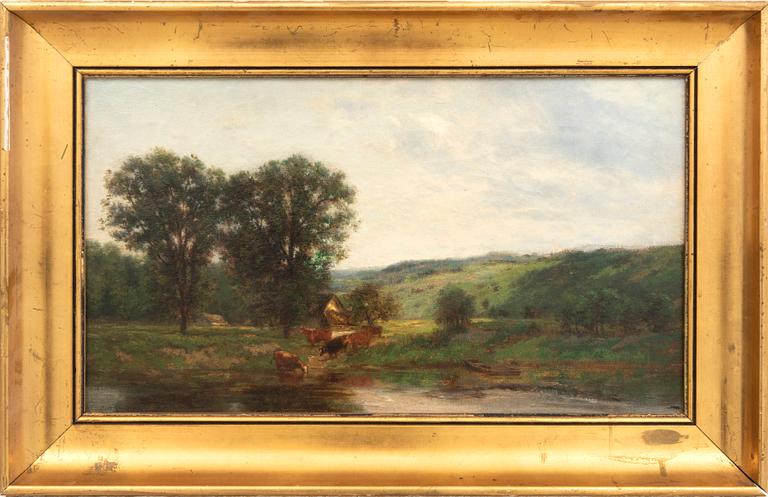 Unknown artist 19th century, Cows by the riverbank.