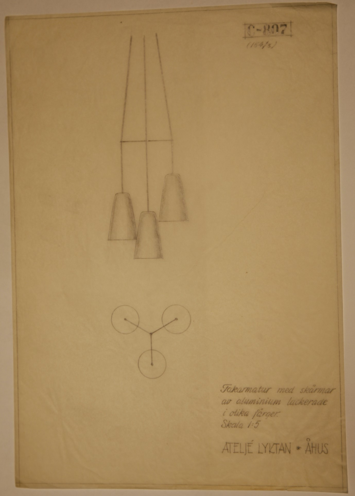 Hans Bergström, taklampa, modell "154/6", ateljé Lyktan, Åhus 1950-tal.