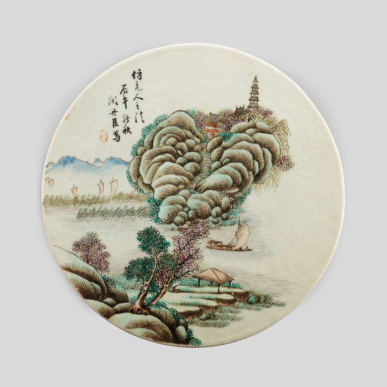 A famille rose plaque, late Qing dynasty.