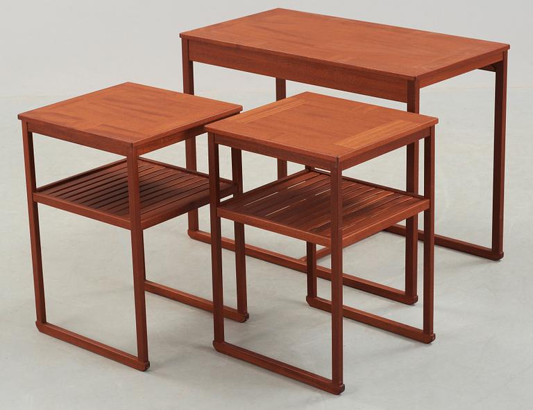 A Carl Malmsten teak nest of tables, 'The Sledge' probably by Åfors Möbelfabrik, 1988.