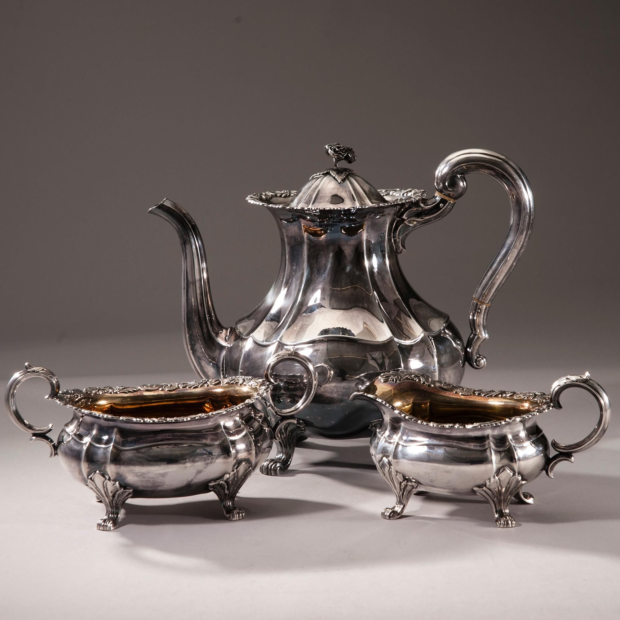 KAFFESERVIS, 3 delar, silver, finska kontrollstämplar, Tavastehus 1947. Total vikt ca 1145 g.