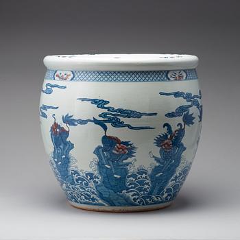 A pair of massive blue and white and iron red basins, China, 20th Century.