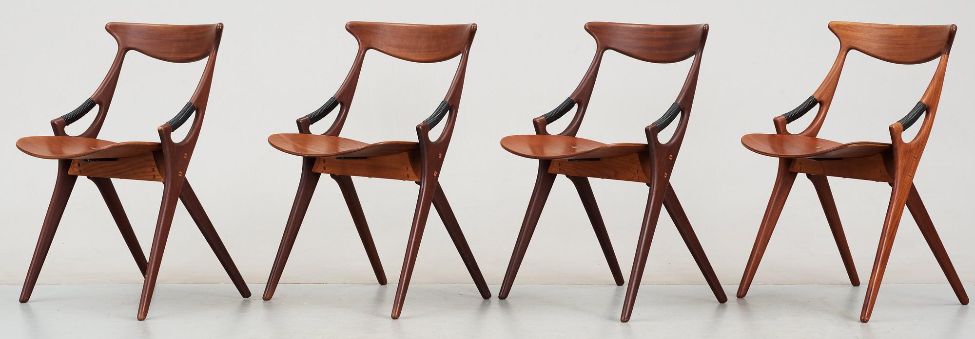 A set of four Arne Hovmand-Olsen teak and mahogany chairs, Mogens Kold, A/S Kerteminde, Denmark 1950's.
